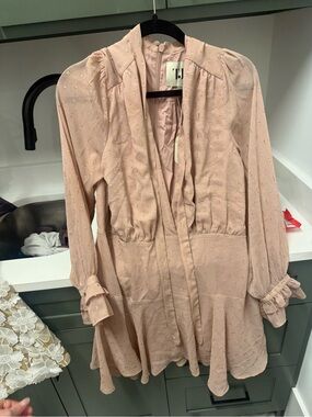 T&J Designs Dusty Blush Long Sleeve Ruffle Tiered Dress with Gold Dot Accents